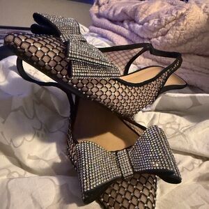 INC International Concepts Black Mesh Slingback Flats with Crystal Bow